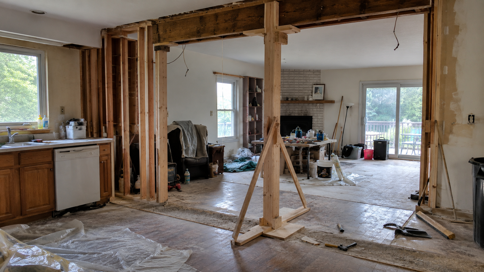 Open-concept kitchen wall removal in progress with temporary support, exposed studs, wiring, tools, and a floor patch where the wall used to be.