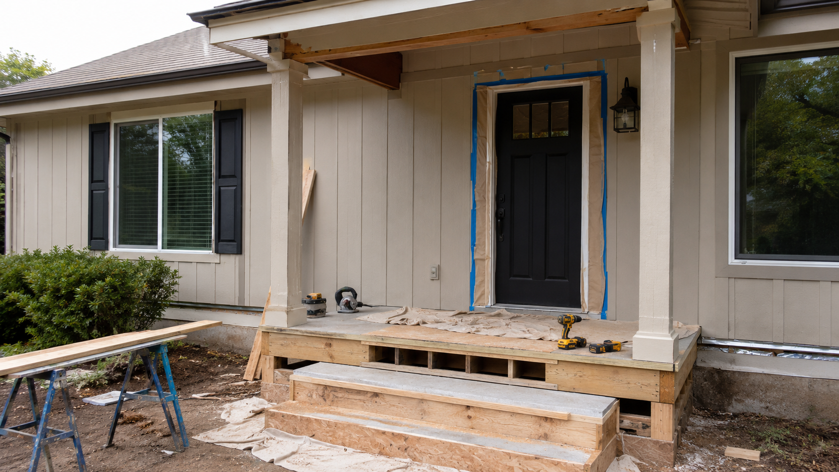 Ranch house entry porch under construction with exposed framing, temporary steps, taped front door, tools, posts, and unfinished landing.