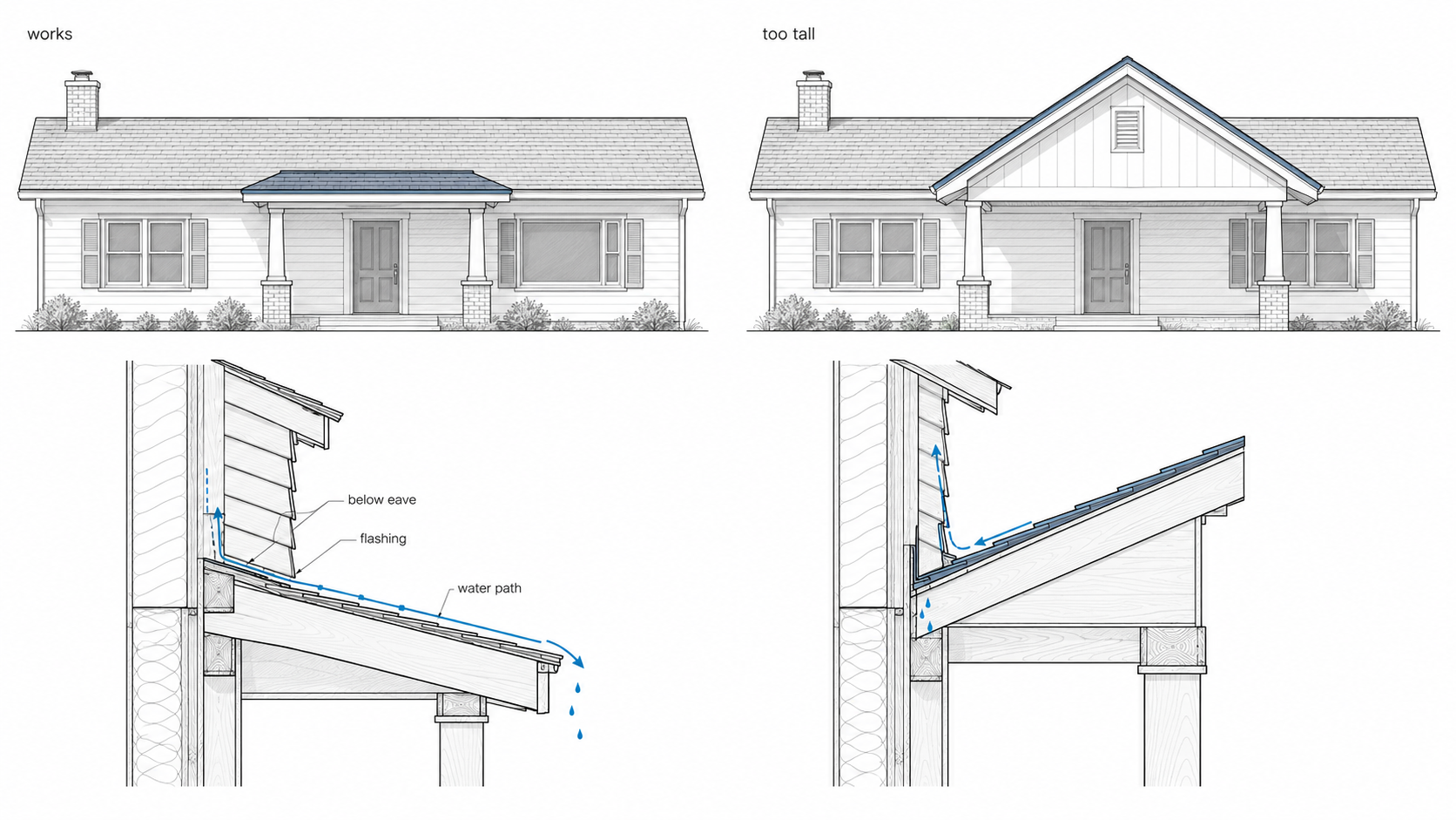 Diagram comparing a low ranch porch roof with proper flashing and water path against a too-tall porch roof with poor water control.