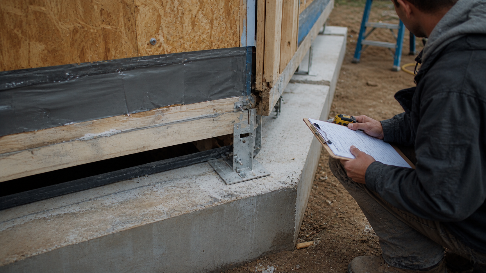 Inspector checking prefab home anchor hardware and foundation connection after installation.