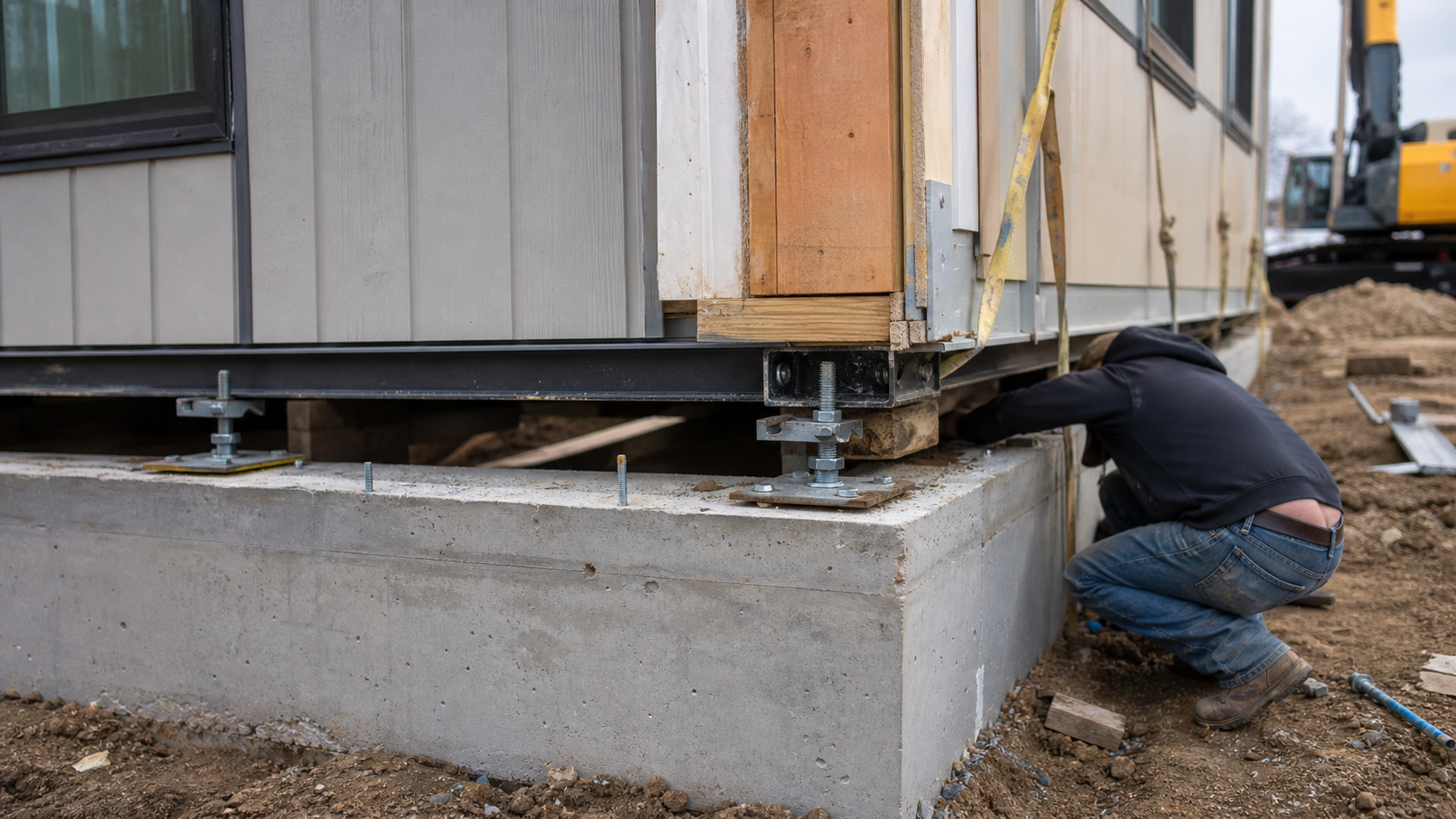 Prefab home module being anchored to a concrete foundation on a construction site.