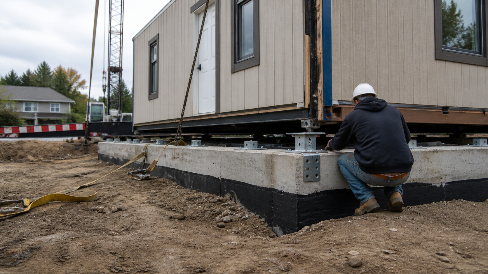 Prefab module connection hardware being adjusted on a concrete foundation.