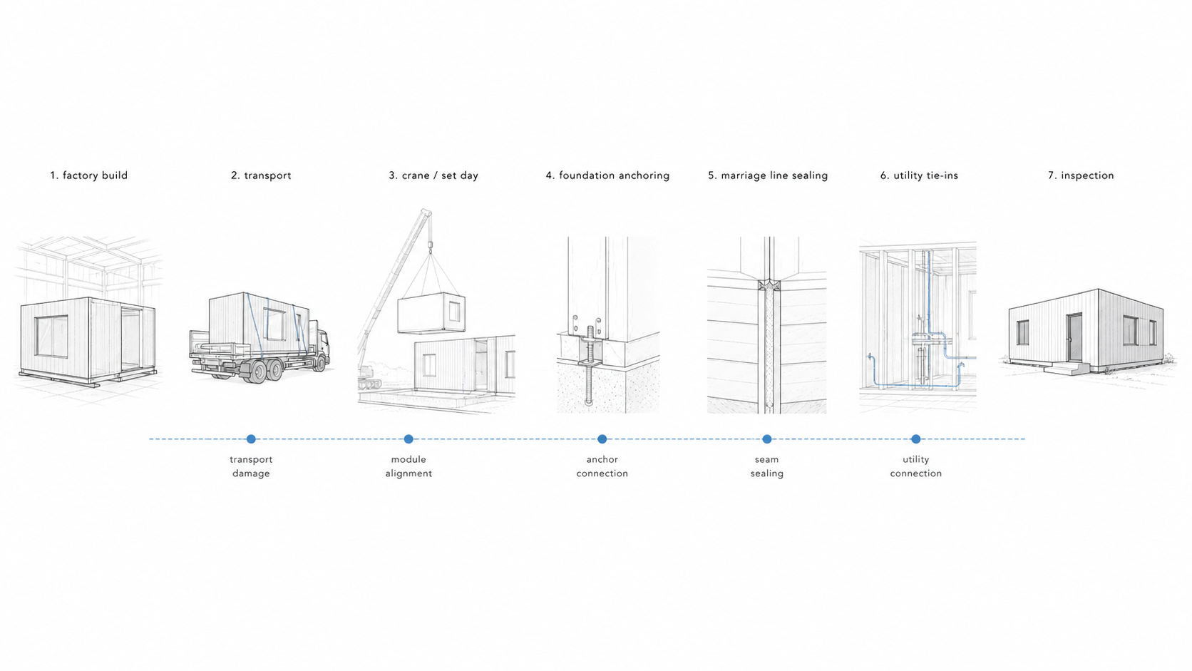 Diagram showing prefab home safety handoffs from factory build through transport, anchoring, utility tie-ins, and inspection.