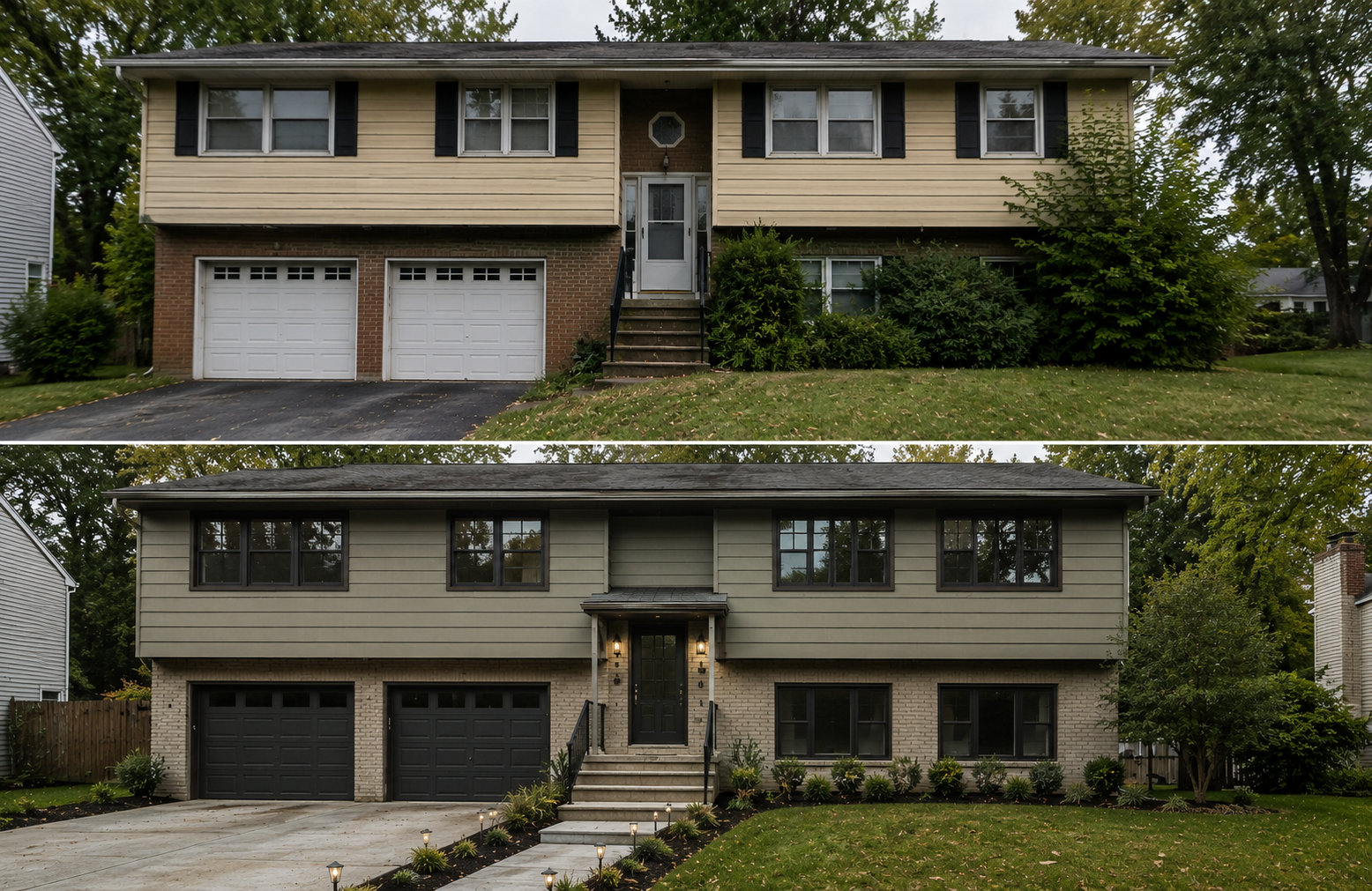 Raised ranch before and after remodel showing dated siding, garage dominance, improved entry, darker garage doors, lower windows, and cleaner planting.