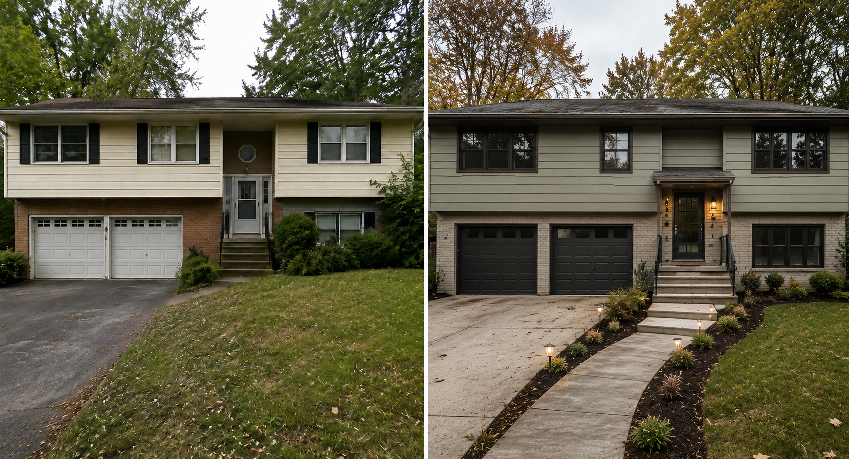 Raised ranch before and after remodel showing a dated split entry, dominant garage, updated windows, darker garage doors, and cleaner planting.