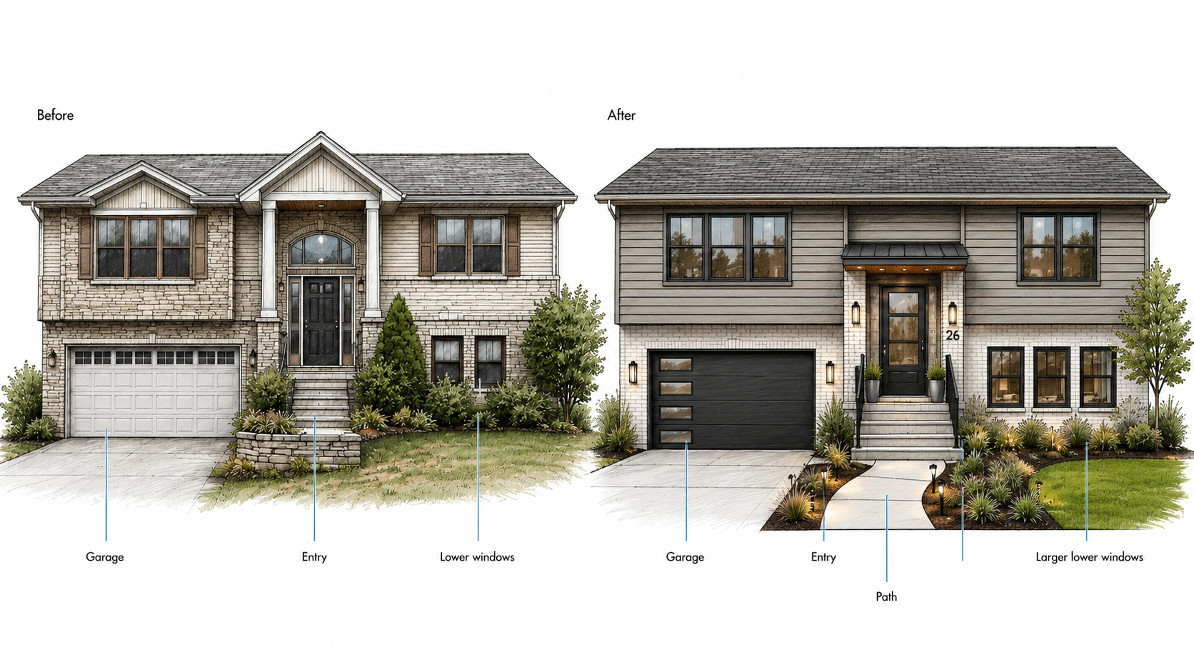 Raised ranch before and after comparison showing oversized porch overlay versus cleaner remodel with larger lower windows and improved entry.