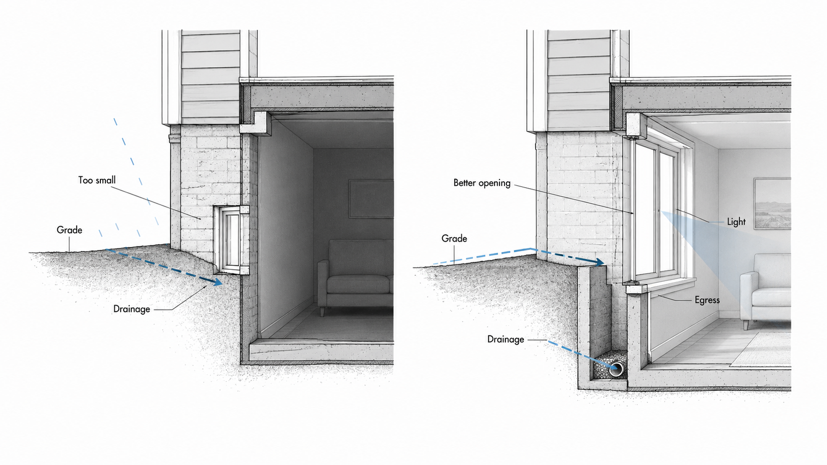 Raised ranch lower-level window diagram comparing a small window near grade with a larger egress window, drainage, and light path.