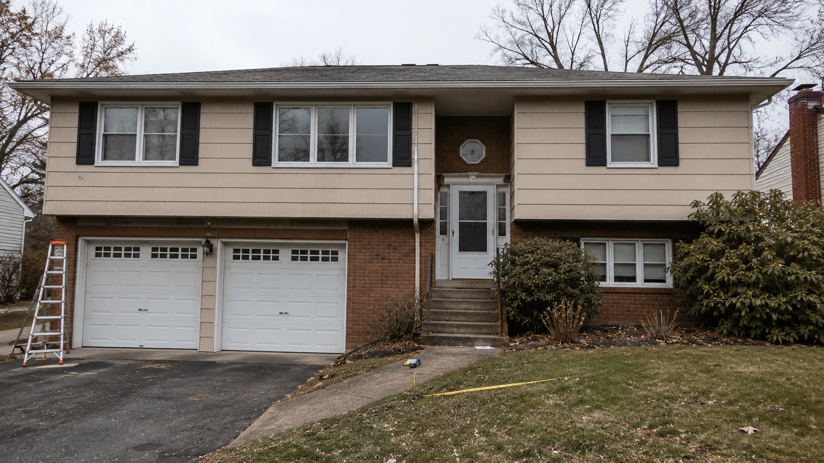 Older raised ranch exterior with dominant garage doors, split entry stairs, small lower windows, dated siding, and overgrown shrubs.