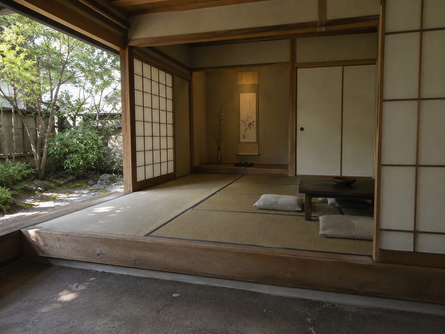 Raised tatami platform with timber threshold, shoji screens, and garden view in a traditional Japanese interior.