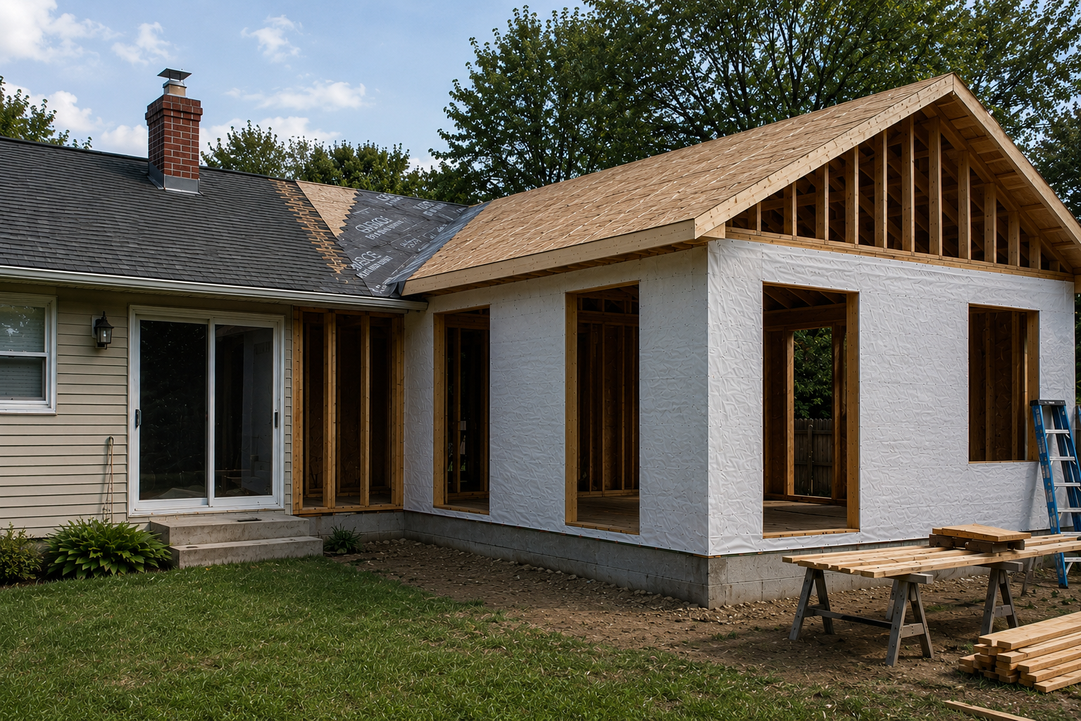Ranch house addition with exposed roof sheathing and a new gable roof tied into the existing roof.