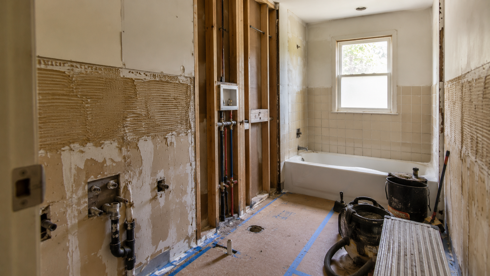 Small ranch house bathroom renovation with exposed framing, old tile removal, plumbing rough-in, and protected floor.