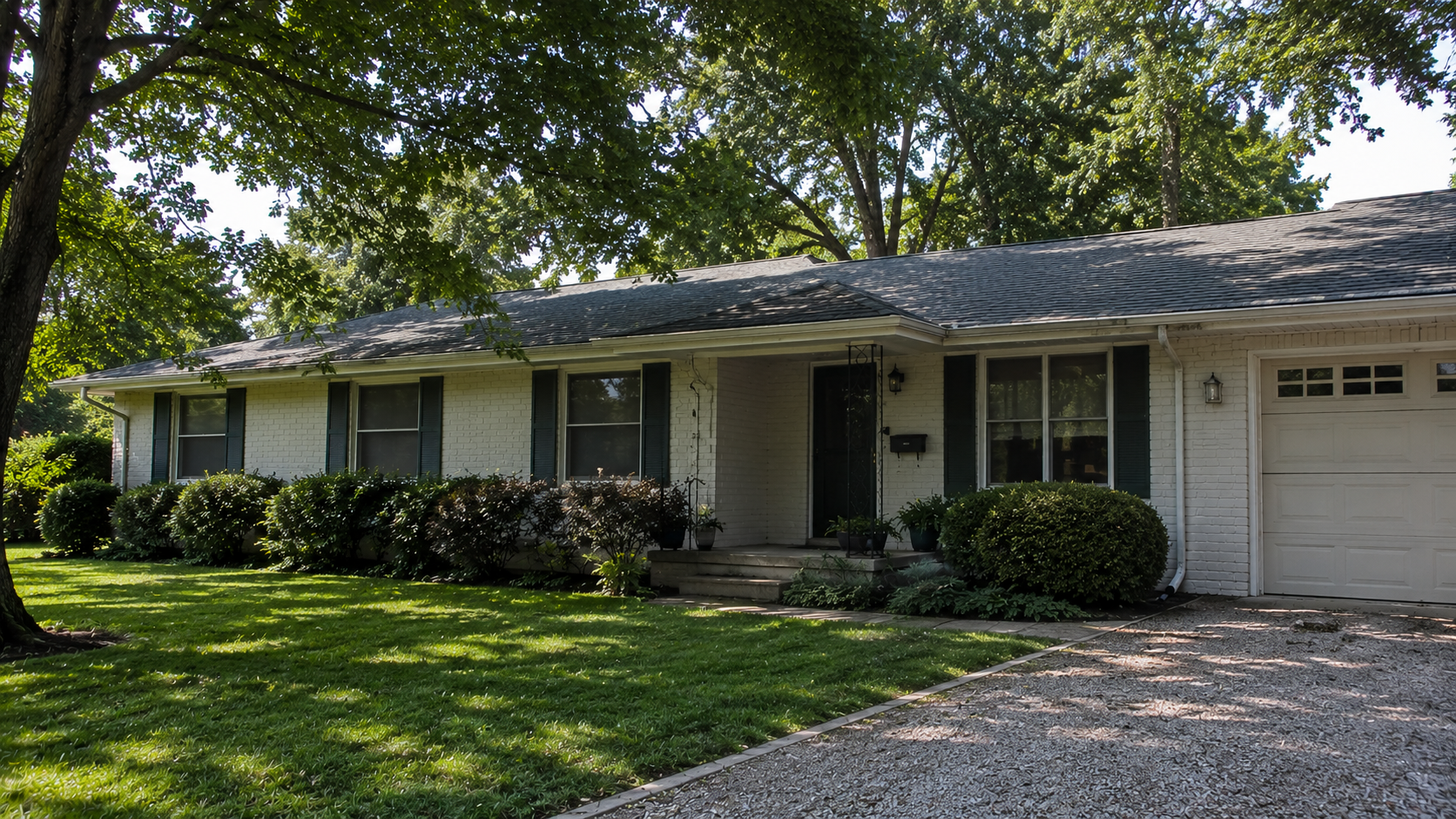 Older ranch house exterior with white brick, dark shutters, a shaded entry, attached garage, and overgrown front shrubs.