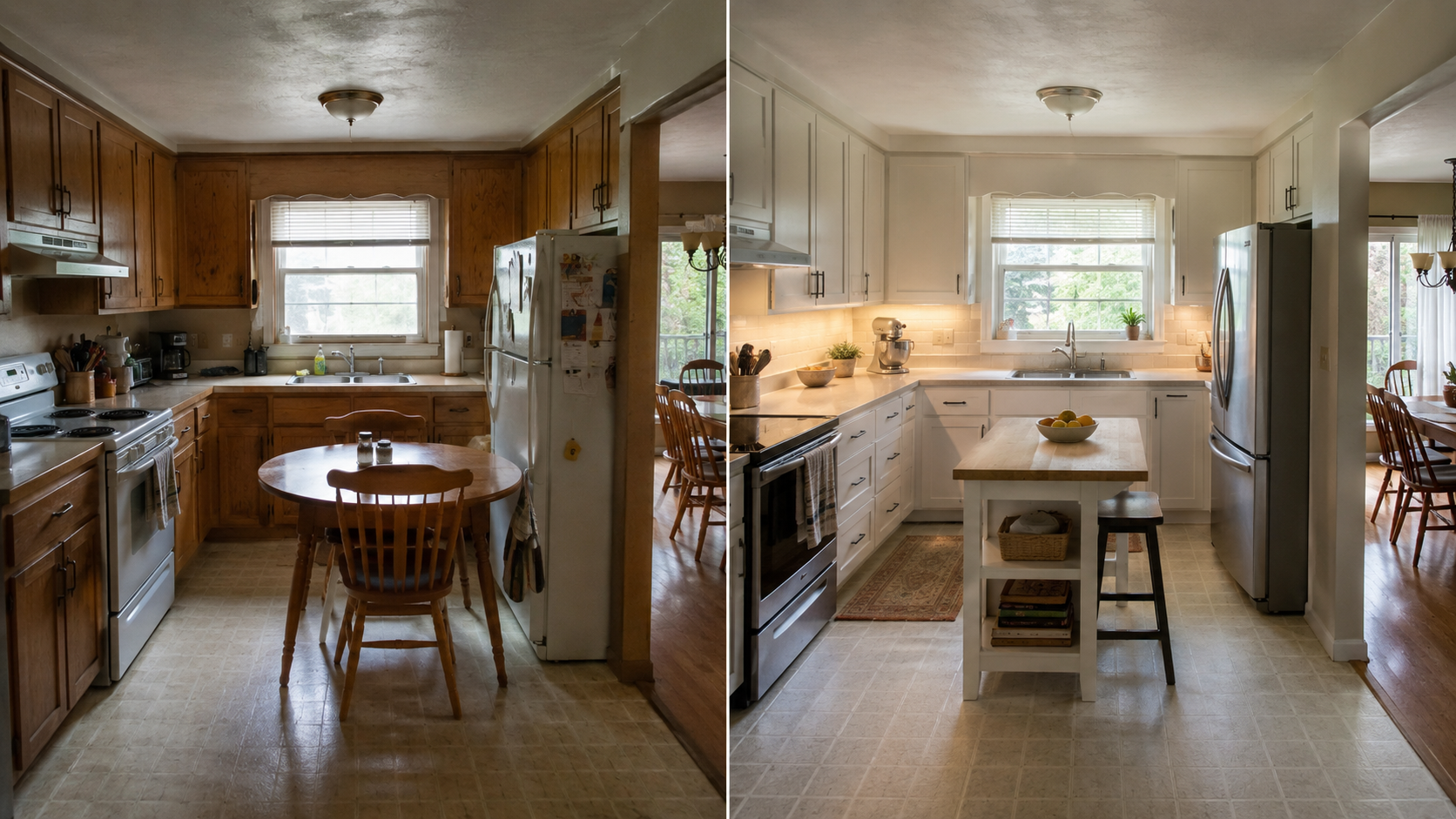 Before-and-after ranch kitchen showing the same compact room with a crowded table replaced by a clearer work zone and better circulation.