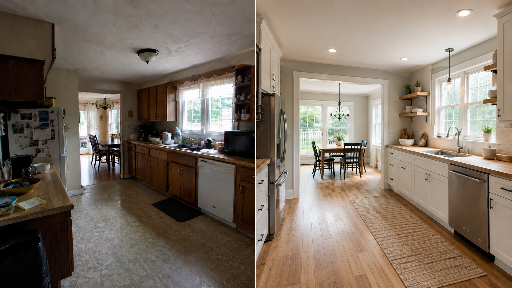 Before and after ranch kitchen remodel showing a dark dated kitchen changed into a brighter layout with cleaner cabinets, improved light, and a better dining connection.