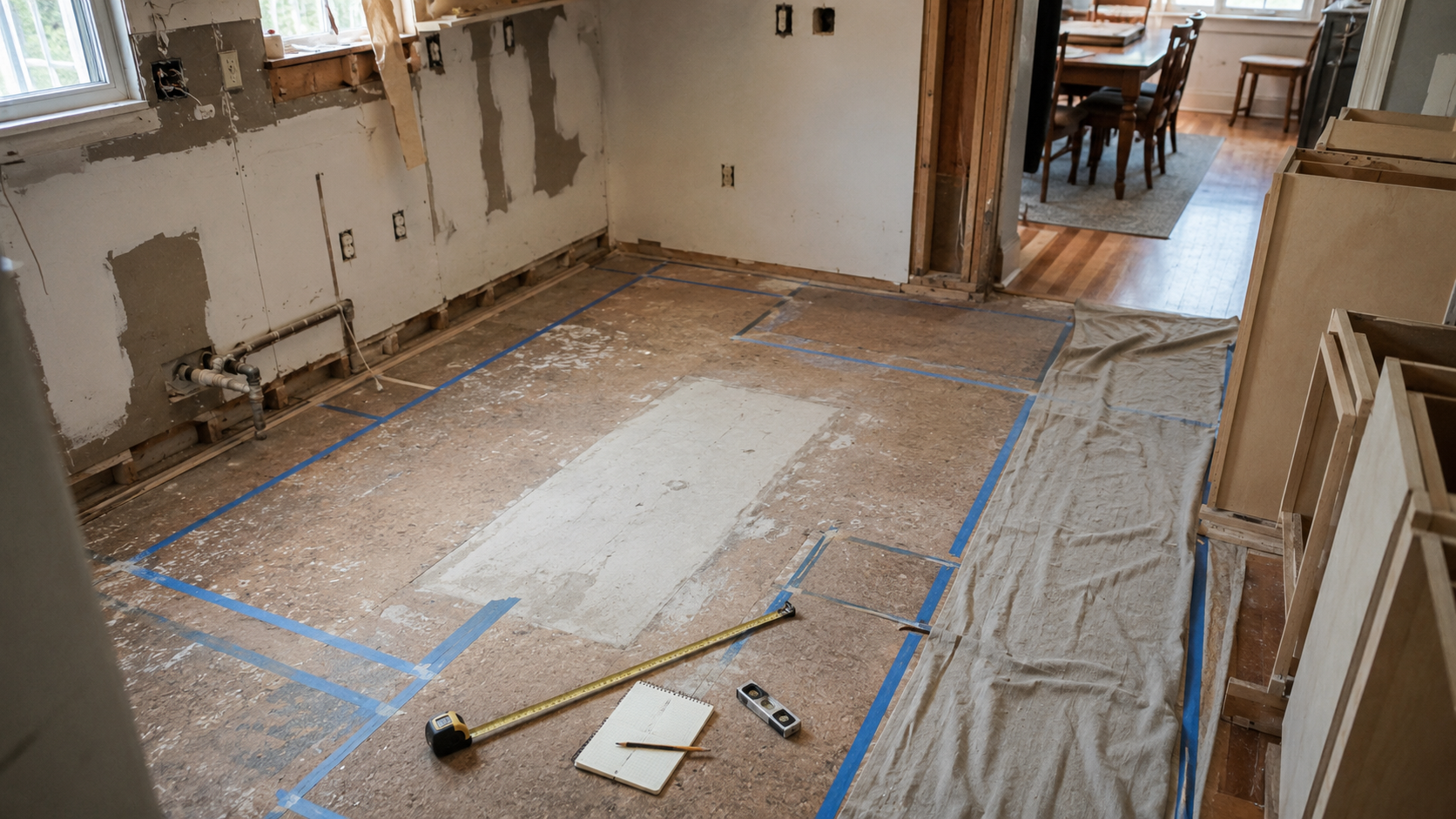 Ranch kitchen floor patch with taped cabinet layout lines, exposed wall patches, plumbing, measuring tape, level, notepad, and cabinet boxes.