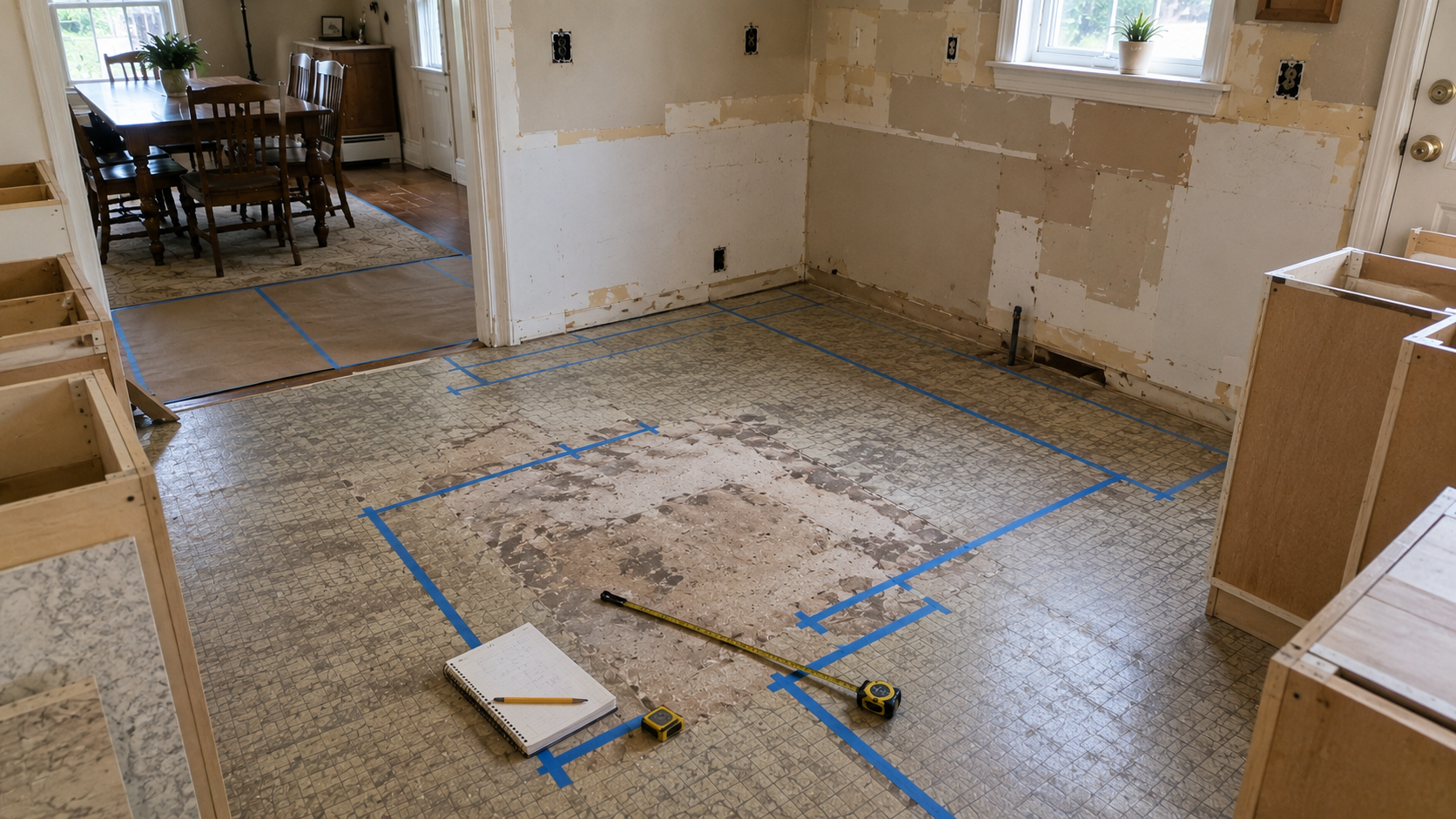Ranch kitchen floor patch with taped cabinet layout lines, wall patches, measuring tape, notepad, unfinished floor, and dining room beyond.