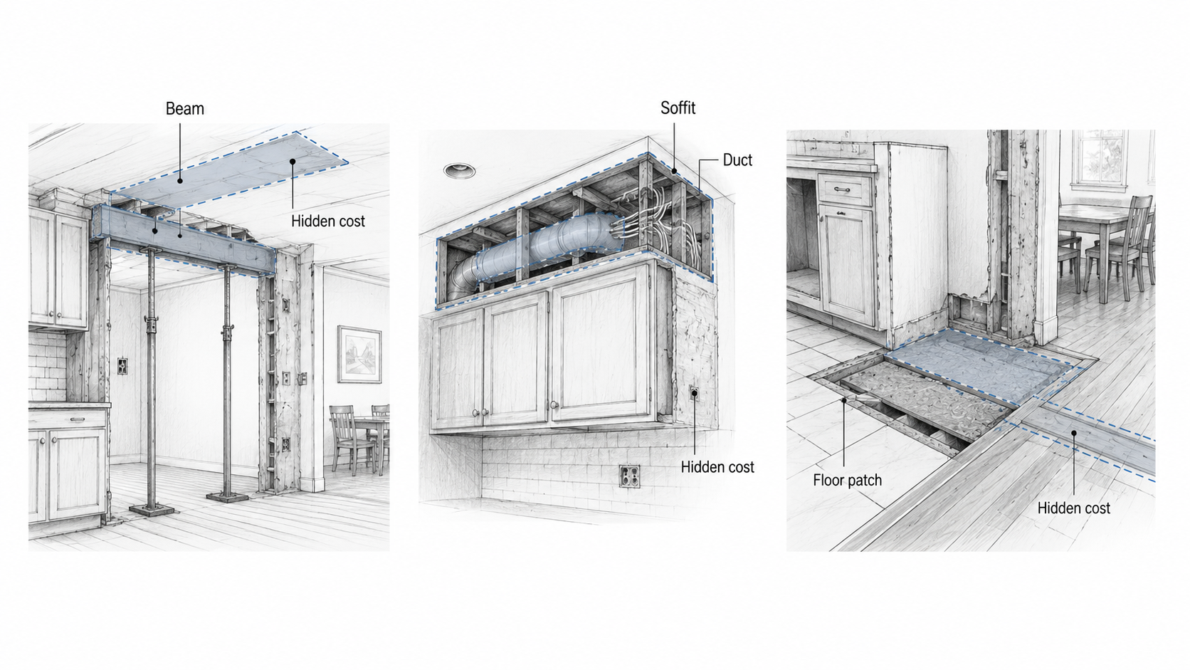 Ranch kitchen hidden cost diagram showing beam work, opened soffit ducting, wiring, and floor patching after demolition.
