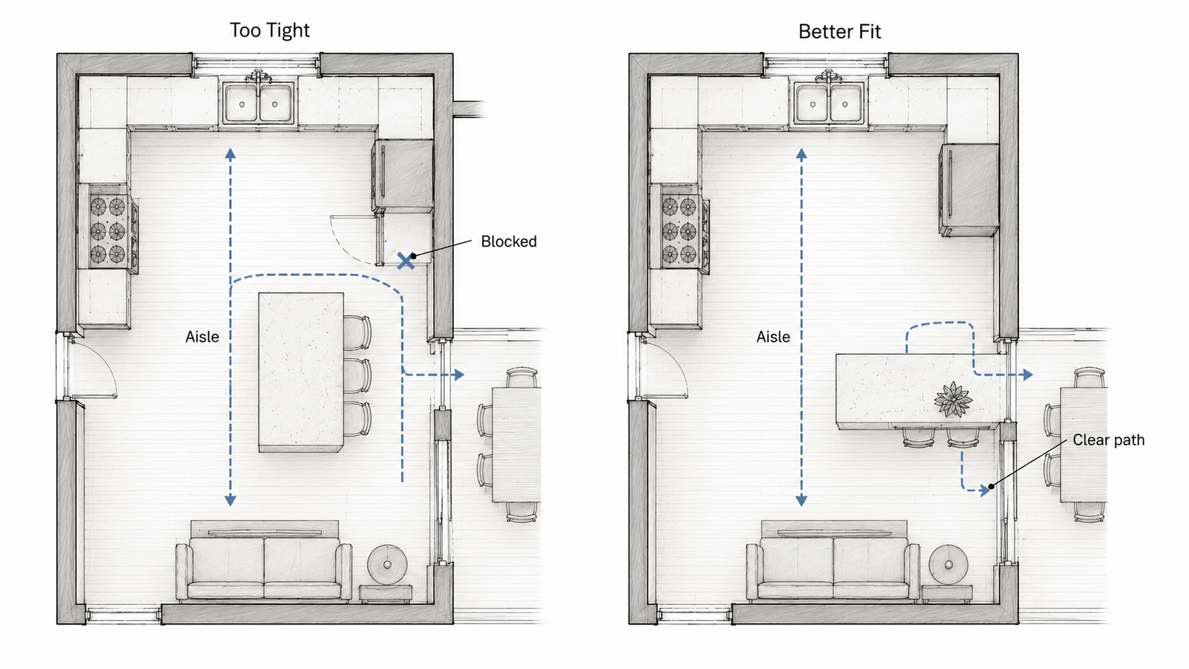 Small ranch kitchen plan comparing a tight island layout with blocked circulation against a better peninsula layout with a clear path.