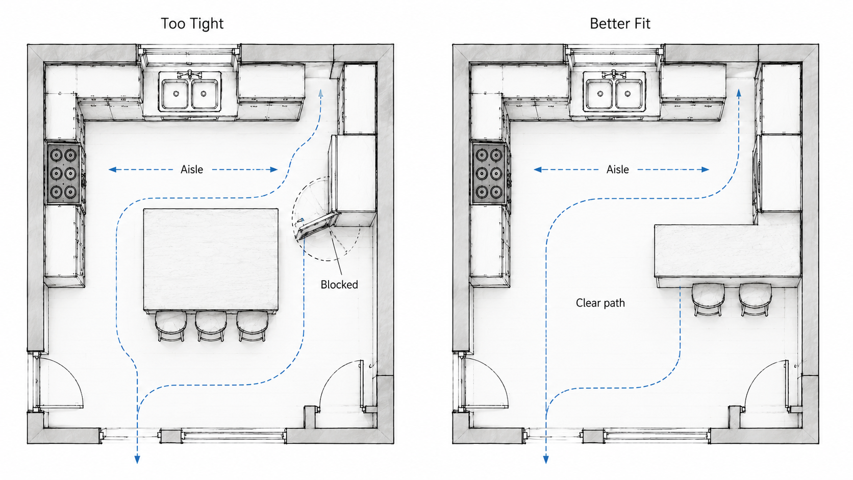 Ranch kitchen before and after plan showing a dark closed kitchen, selective wall opening, kept storage, and improved light path to the dining and living area.