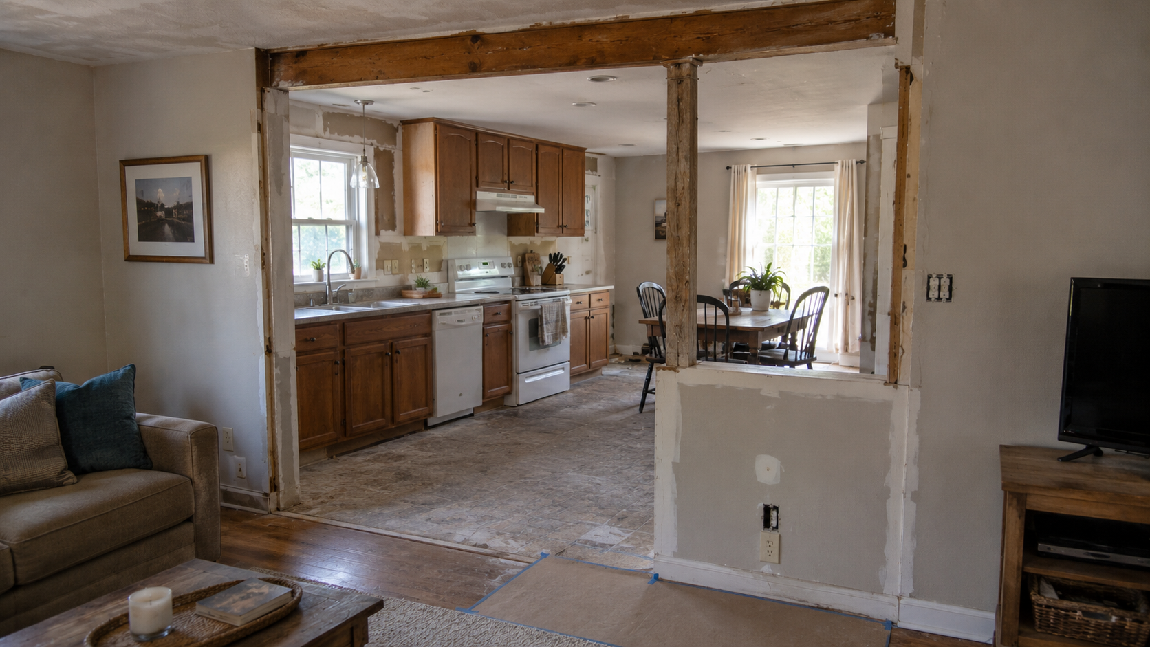 Ranch kitchen with partial wall opening, exposed beam, support post, wall patches, old cabinets, and living room connection.