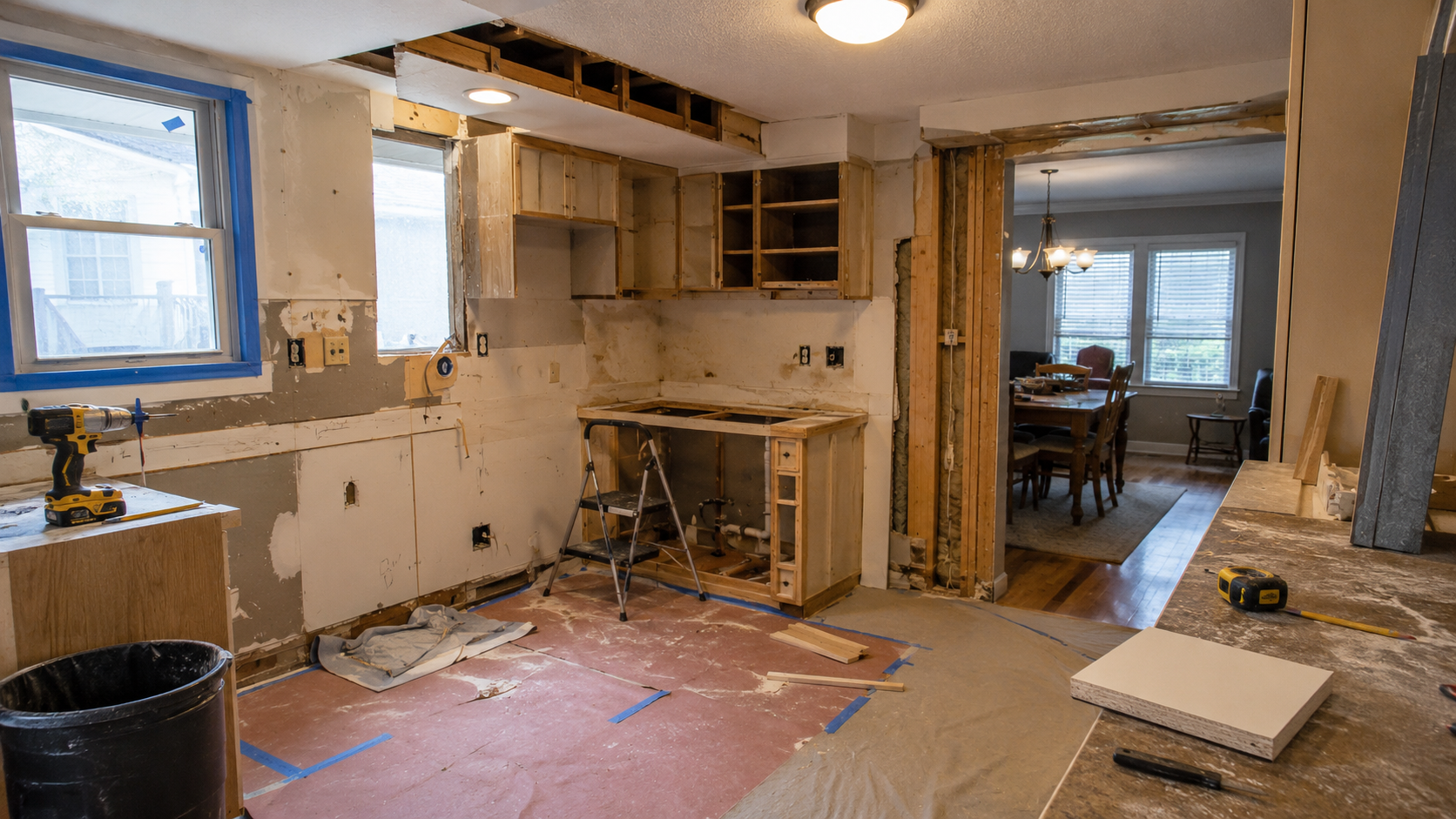 Ranch kitchen mid-remodel with opened soffit, partial cabinet removal, exposed wall patches, protected floor, taped window, tools, and dining room beyond.