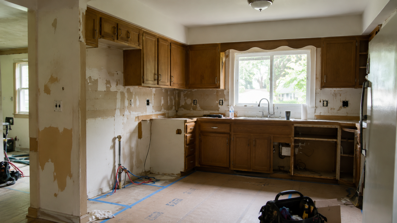 Ranch house kitchen renovation with older cabinets, exposed wall areas, rough-in work, and protective floor covering.