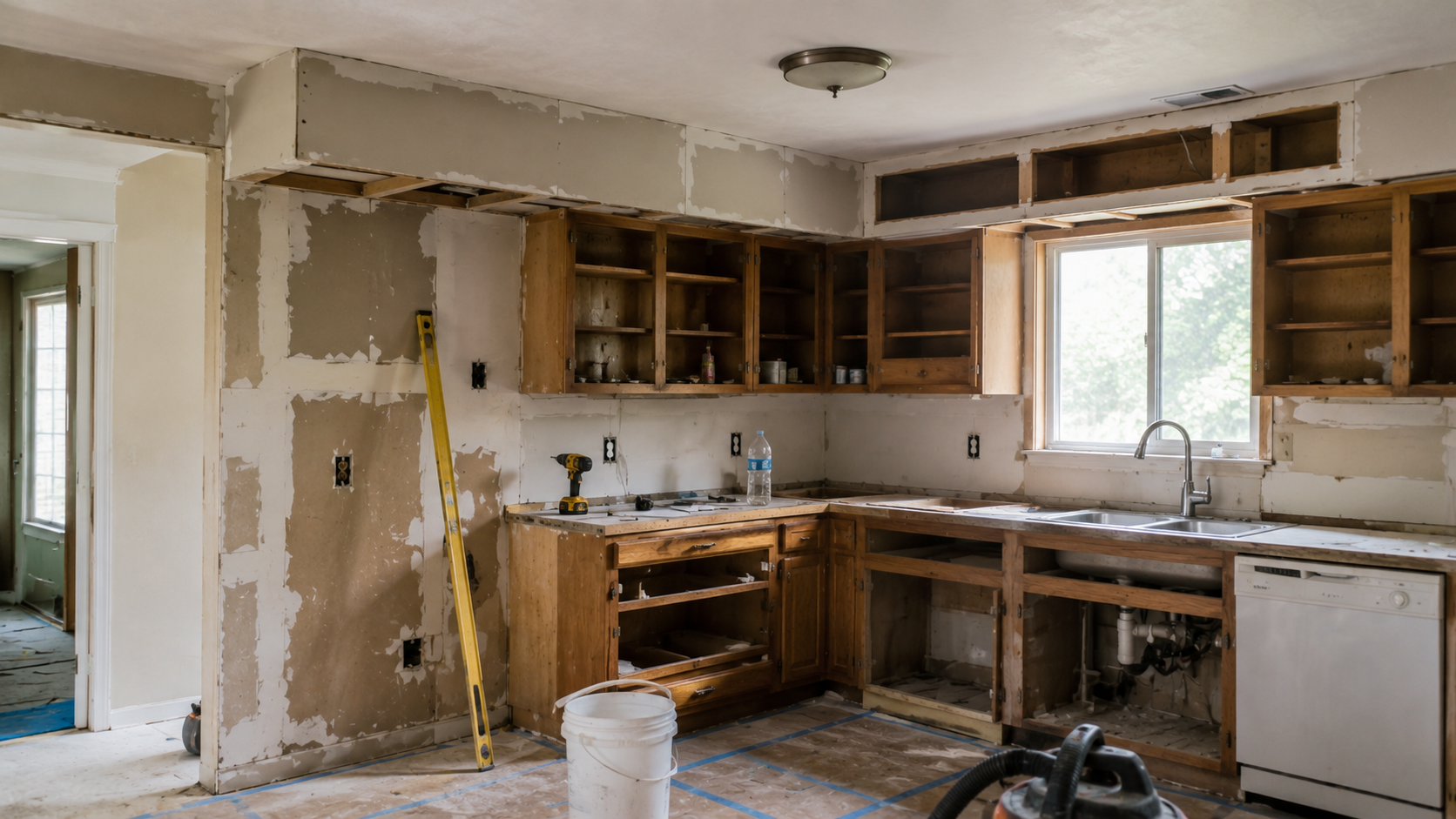 Ranch kitchen renovation with heavy soffits, partly removed cabinets, patched walls, rough-in work, and floor protection.