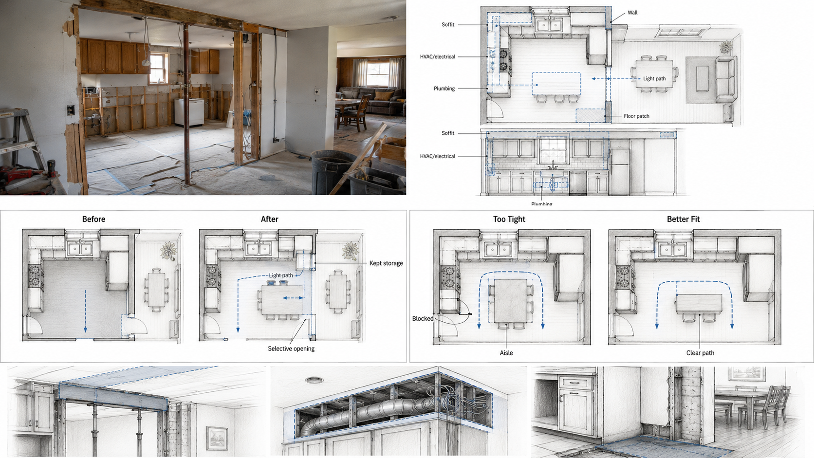 Ranch kitchen wall removal diagram showing load support, plumbing, electrical, HVAC, floor patch, light path, and aisle clearance checks.