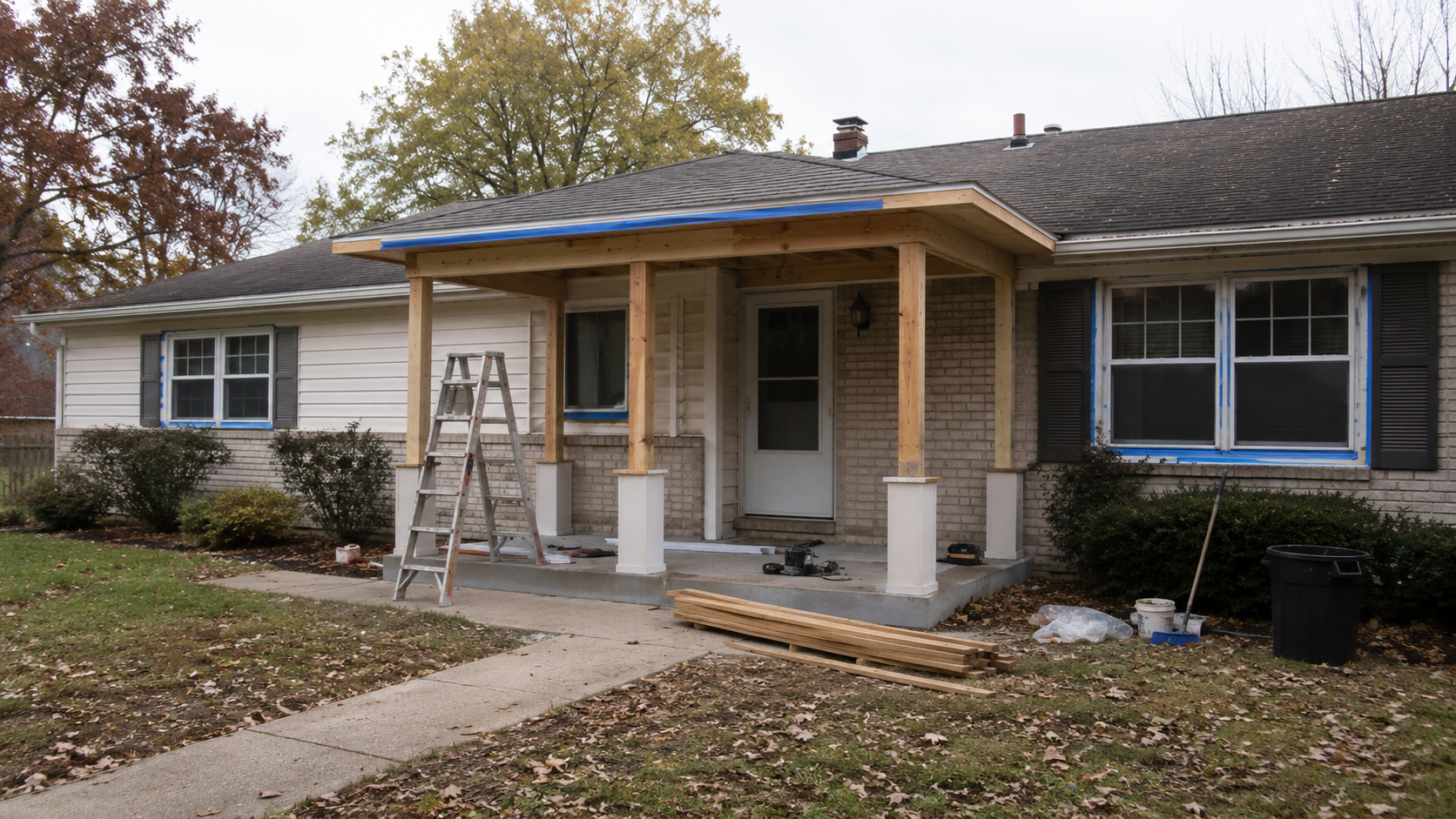 Ranch house front porch under construction with new posts, low roof, ladder, taped windows, tools, lumber, and an unfinished front yard.