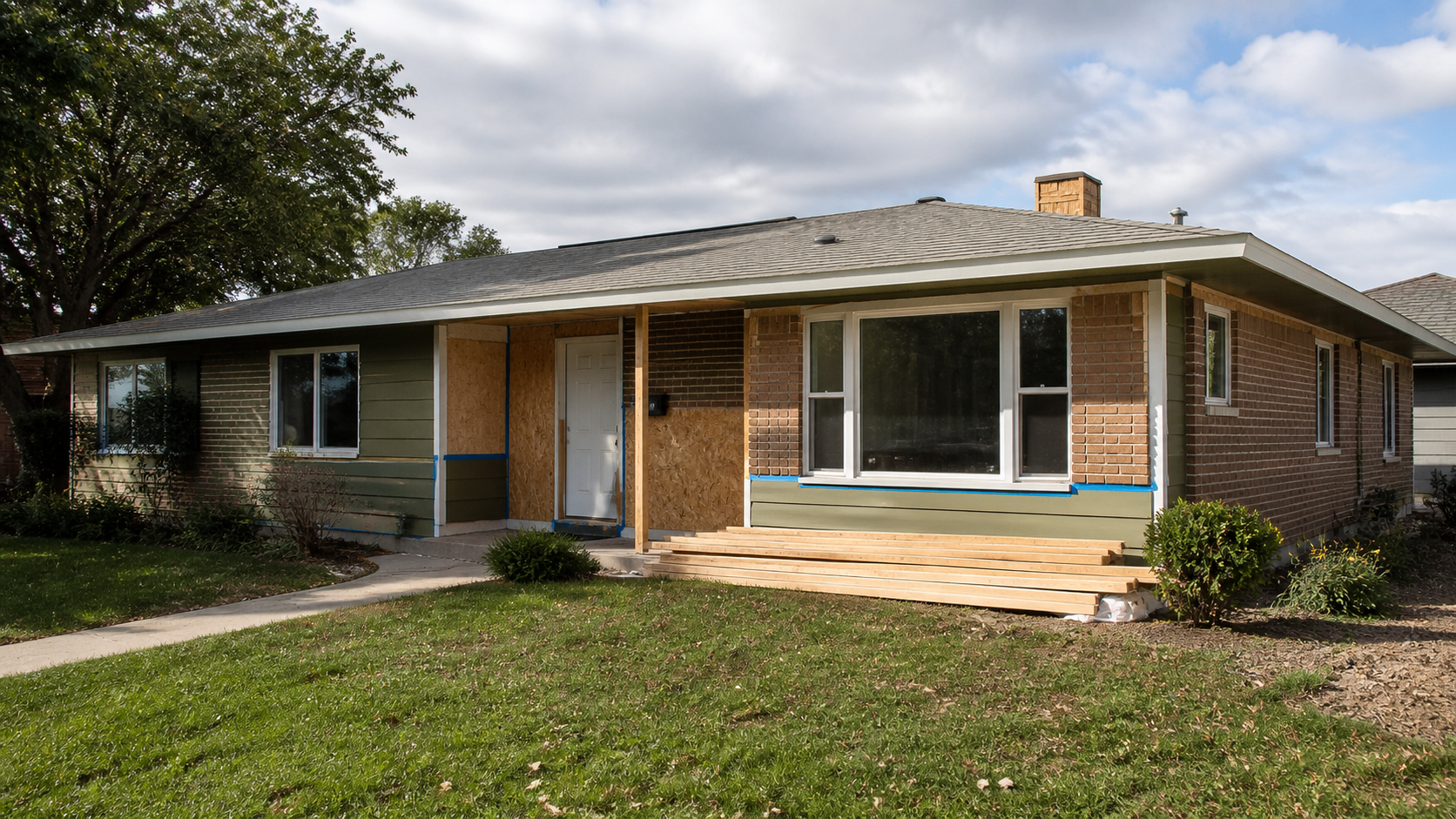 A modest 1960s ranch house exterior during a clean renovation with taped trim, new windows, plywood, and stacked lumber.