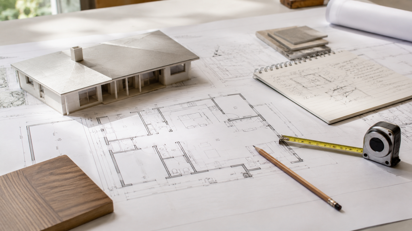 Ranch house renovation floor plan with a small house model, pencil, measuring tape, wood sample, and planning notes on a clean work surface.