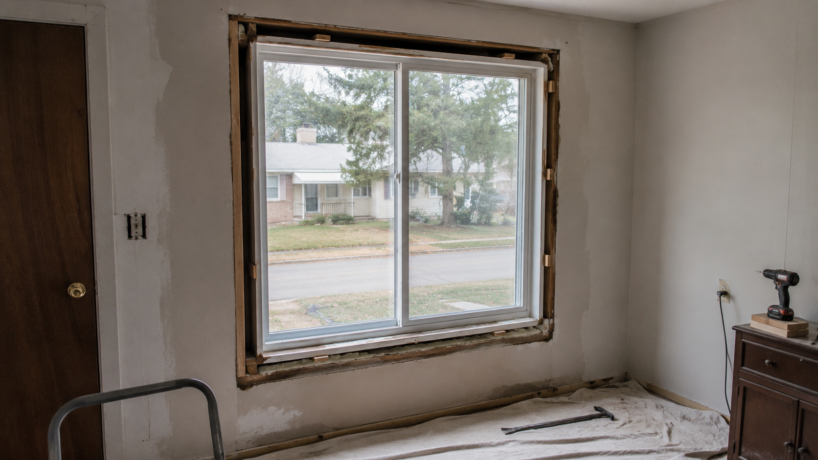 Interior ranch house room during window replacement with exposed trim, rough opening edges, shims, drop cloth, drill, and daylight through the new window.