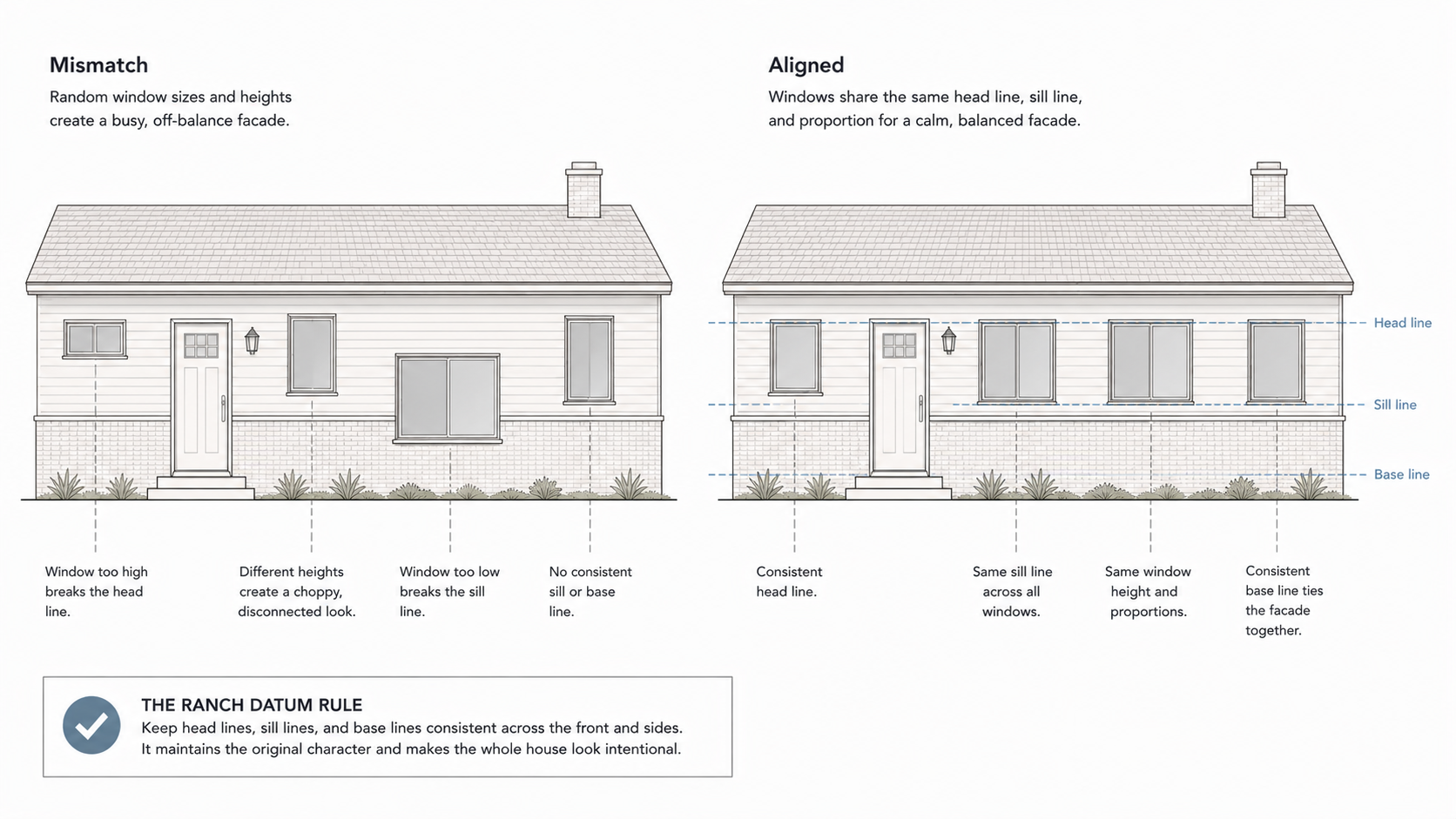 Diagram comparing mismatched ranch house window heights with aligned head lines, sill lines, and base lines.