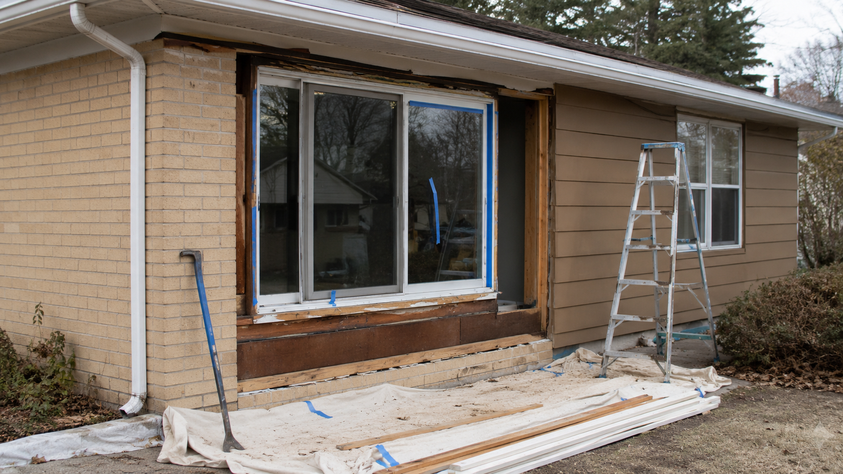 Ranch house exterior during window replacement with exposed trim, taped glass, ladder, drop cloths, brick, siding, and tools.