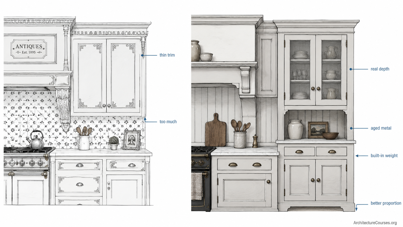 Comparison diagram showing fake Victorian kitchen details beside better old-house details such as thin trim versus real depth, shiny decoration versus aged hardware, and weak applied styling versus heavier built-in proportions.