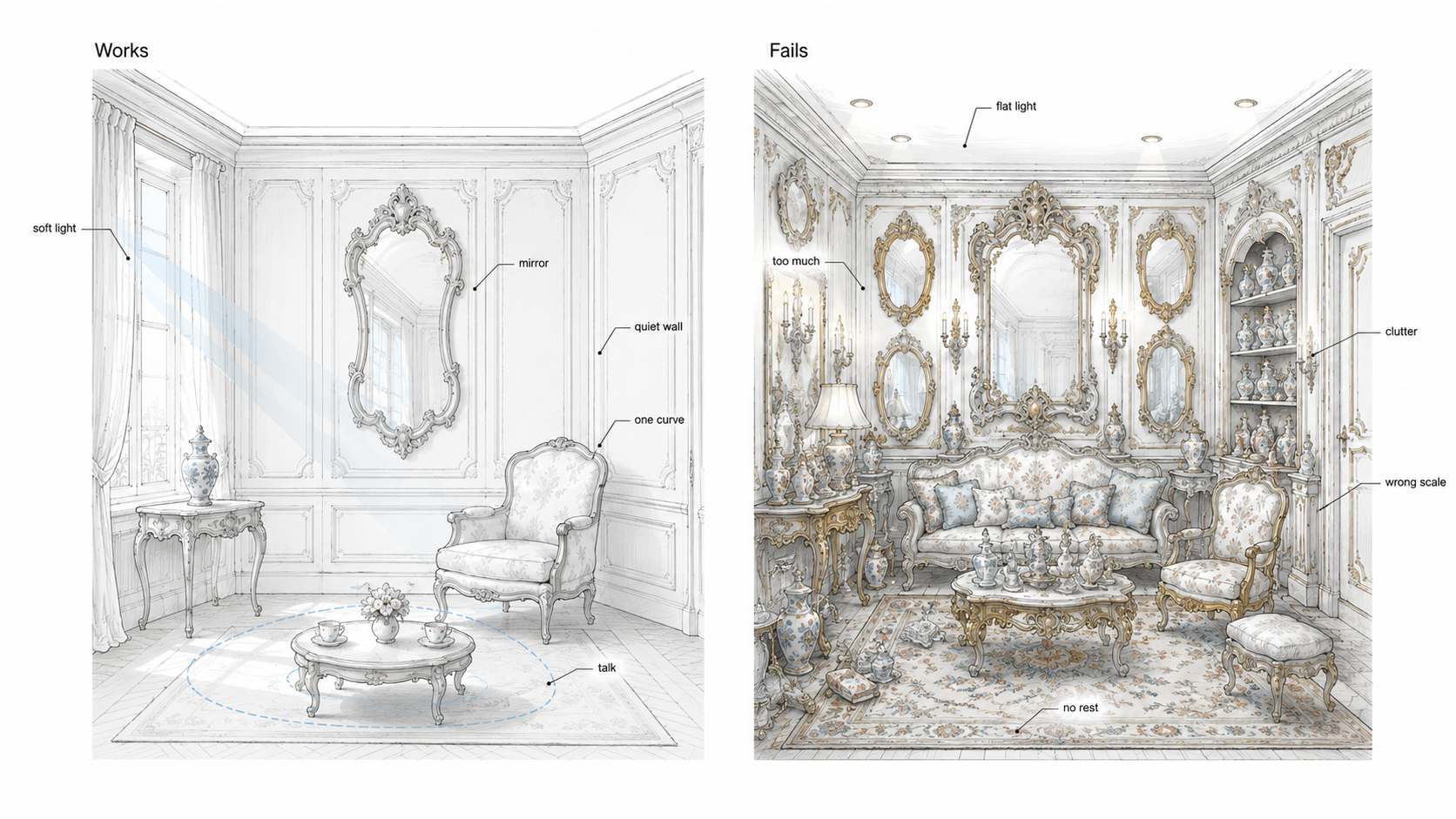 Rococo interior design comparison showing a quiet sitting room with soft light and one mirror beside an overloaded room with too many mirrors, gold details, lights, and objects.