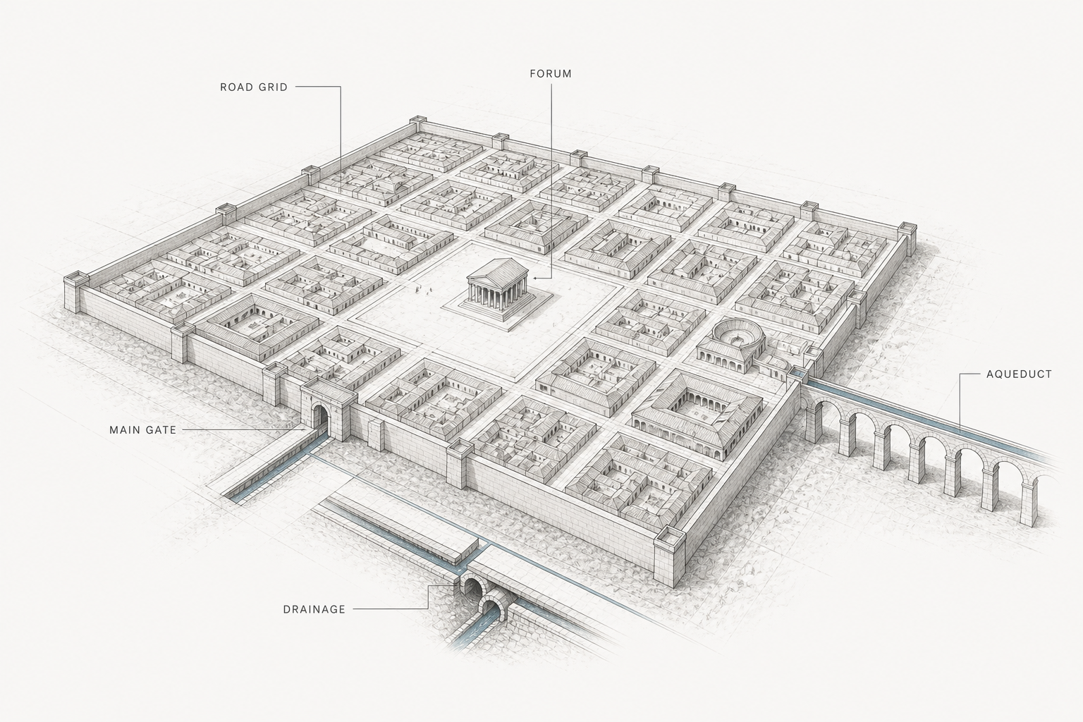 Roman city planning diagram showing a road grid, central forum, main gate, aqueduct, and drainage channel.