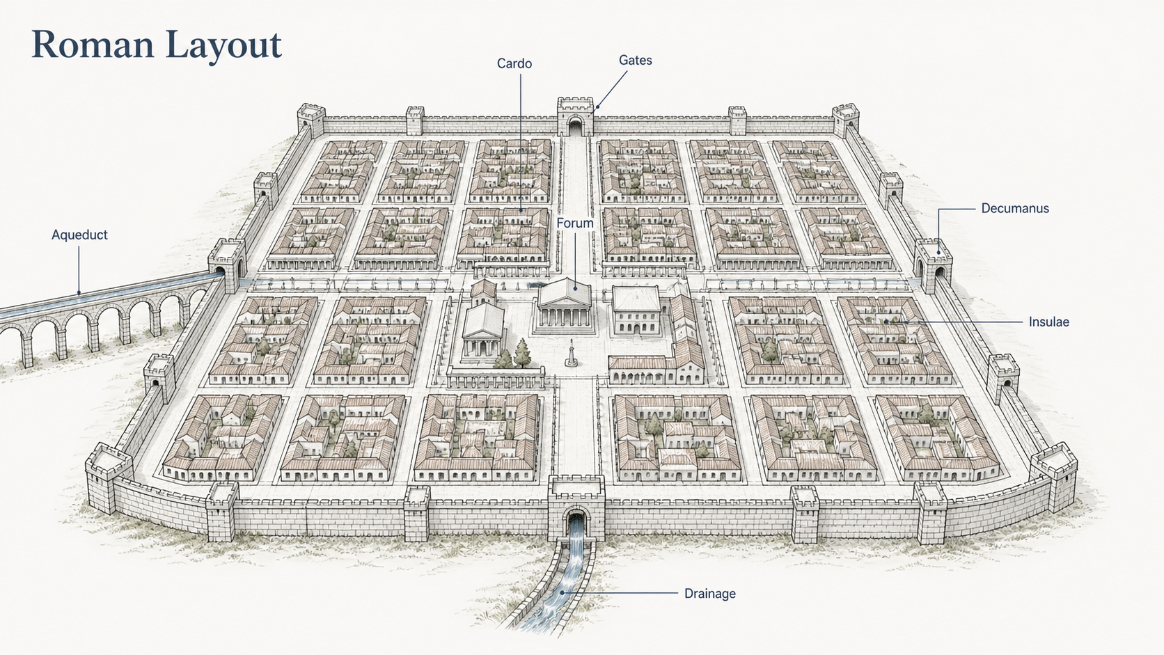 Roman urban planning layout diagram showing a walled town, cardo, decumanus, forum, insulae, aqueduct, gates, and drainage.
