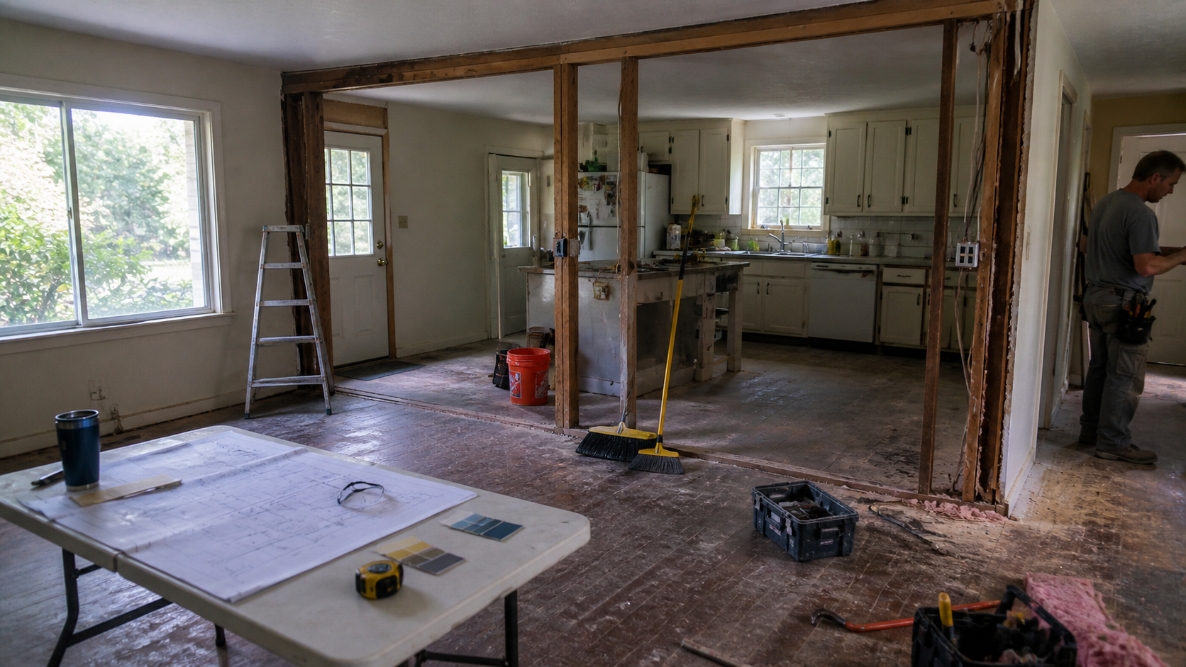 Small ranch house floor plan showing selective wall removal, kept walls, storage, light path, and yard view.