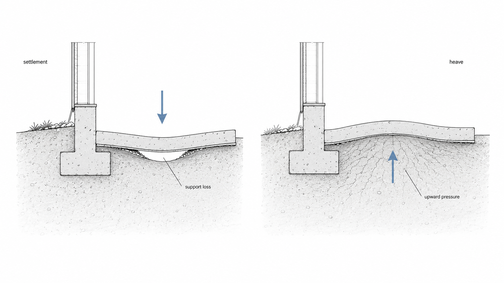 Diagram comparing foundation settlement from support loss with slab heave from upward soil pressure.