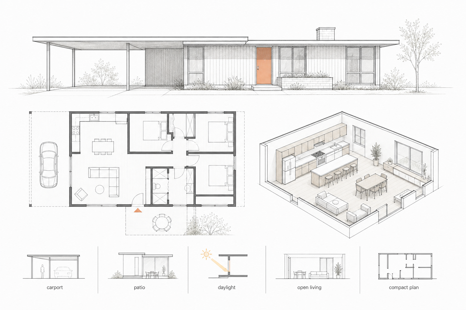 Small ranch house diagram showing low roofline, plan layout, carport, patio, daylight, and open living area.