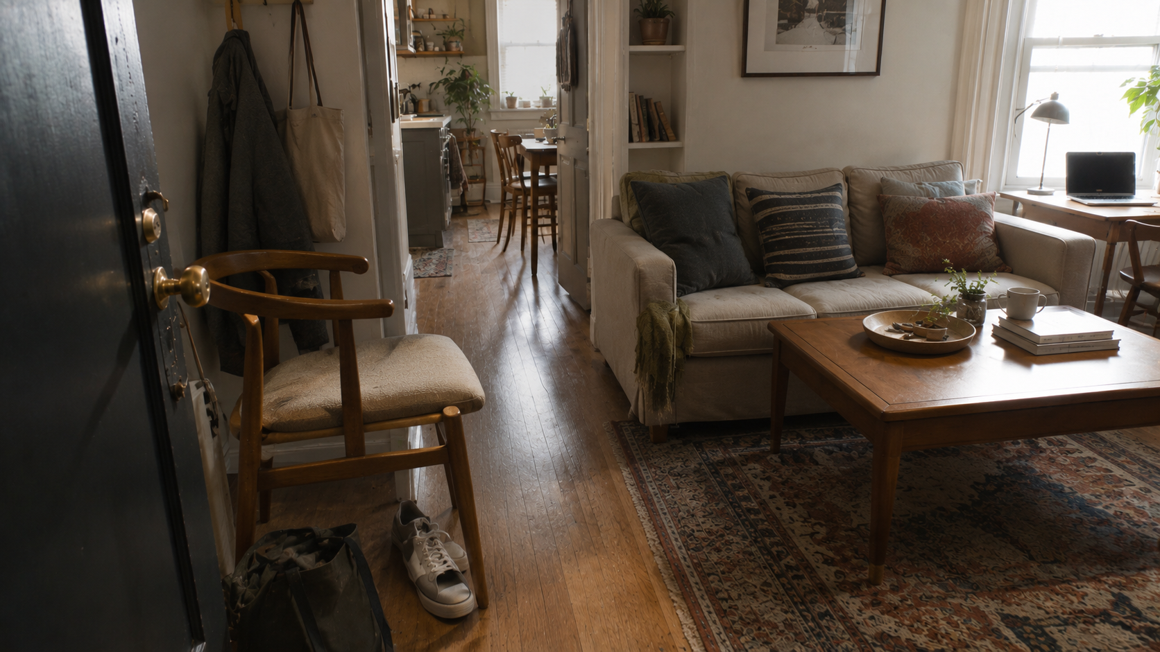 Good-looking small living room with a blocked entry path, tight coffee table clearance, window glare at the desk, and no clear landing zone.