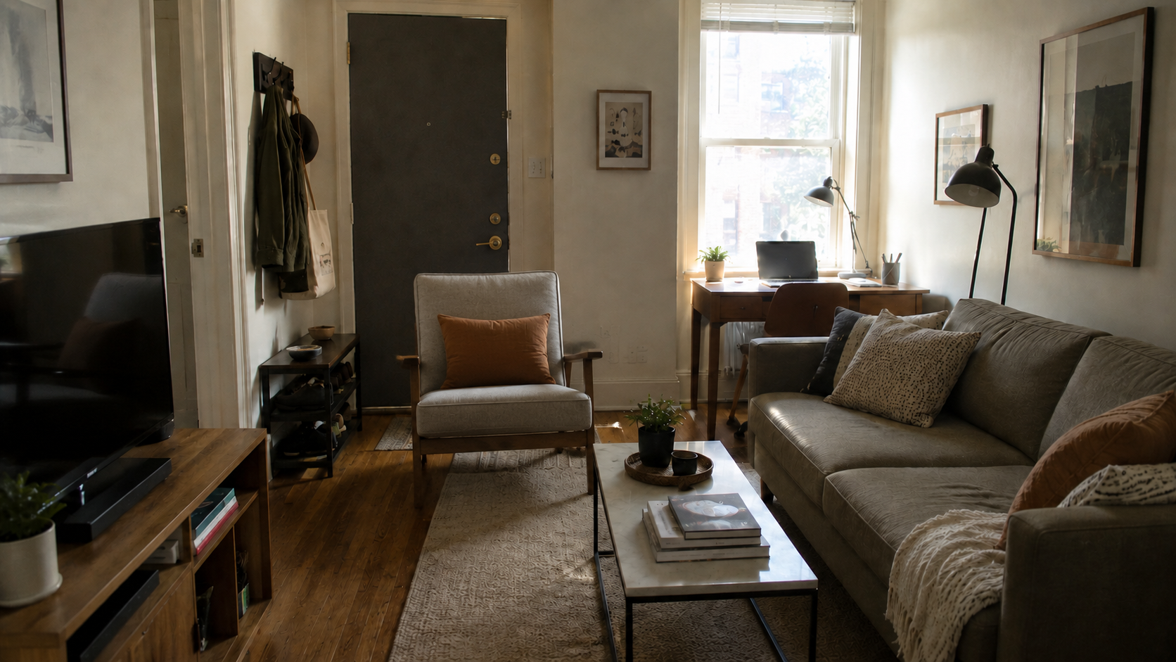 Small attractive living room with a blocked entry path, tight furniture spacing, and a desk in window glare.