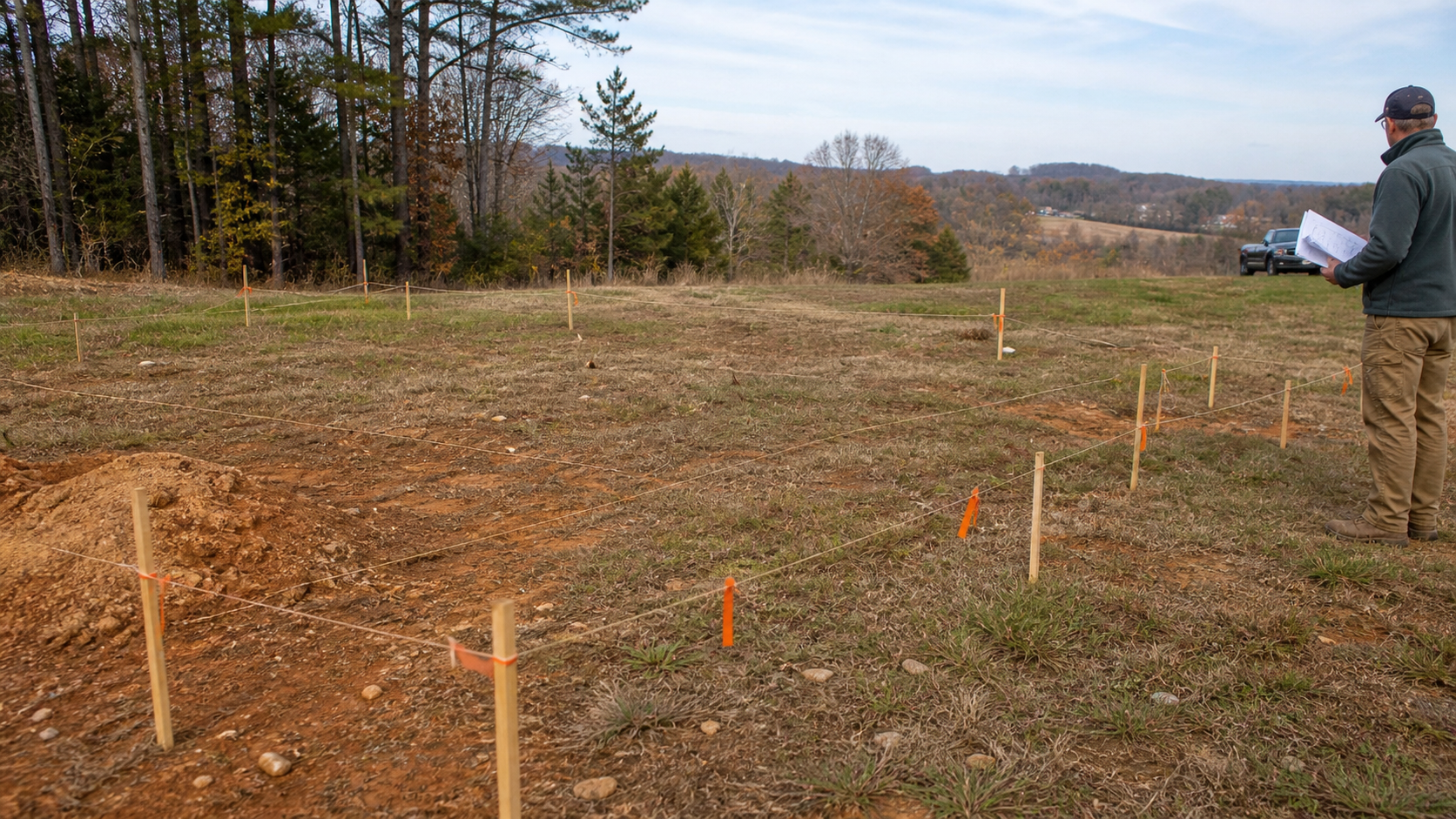 House footprint staked on a rural building lot with plans and survey markings nearby.
