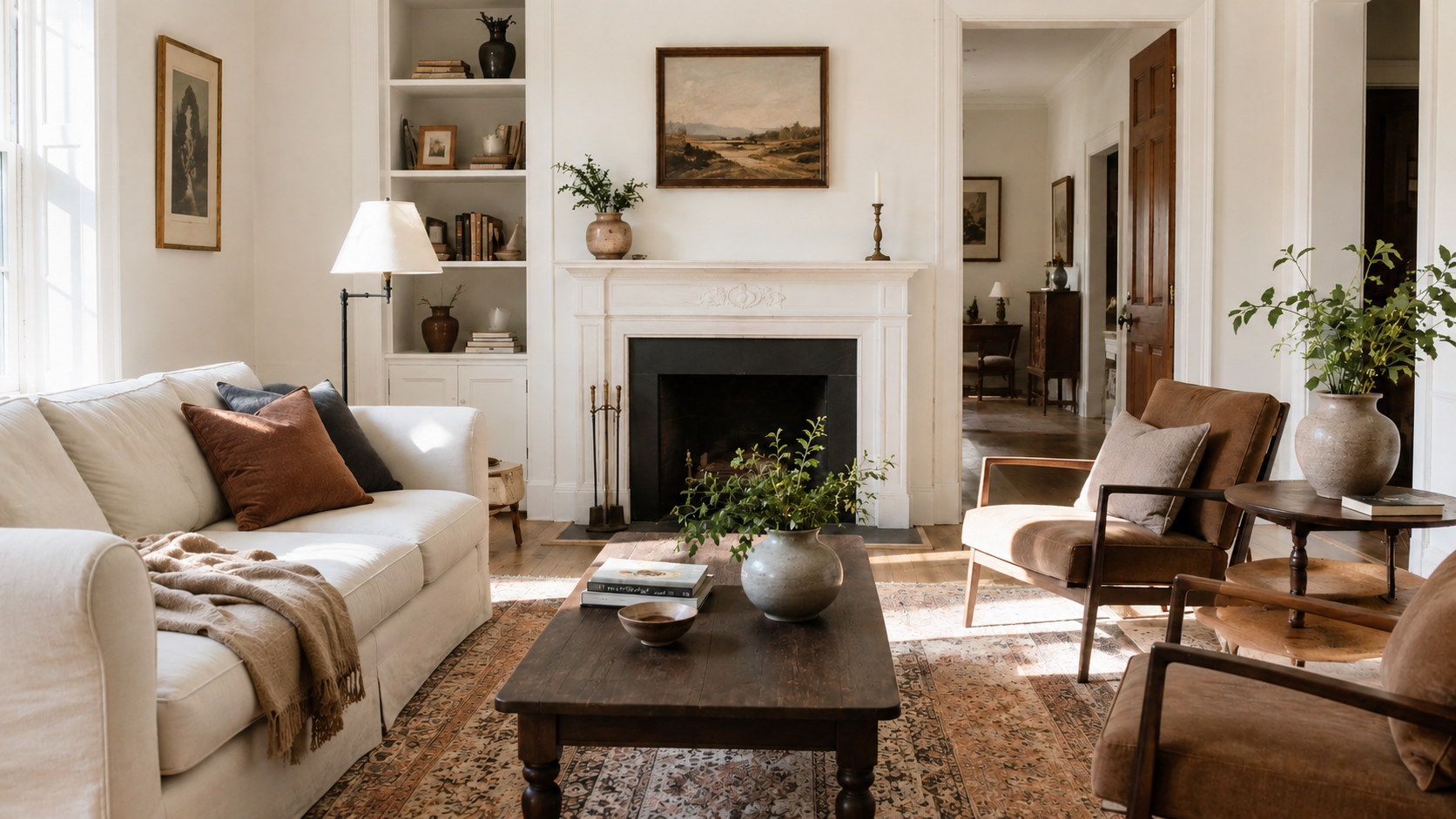 Sunlit modern traditional living room with a classic sofa, clean-lined chairs, wood coffee table, patterned rug, fireplace mantel, framed art, plants, and warm natural light.