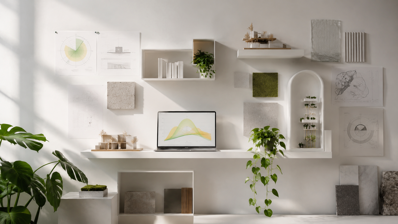 Architecture school research wall with climate charts, material samples, a model, plants, and an energy graph showing sustainable design study.