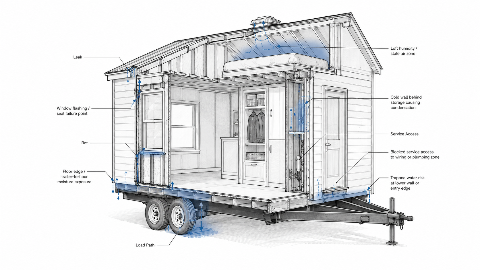 Cutaway diagram of a tiny home on wheels showing leak, rot, condensation, load path, trapped water, and blocked service access risks.