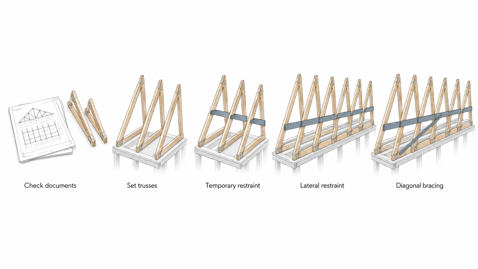 Roof truss bracing installation sequence showing document check, first trusses, temporary restraint, lateral restraint, and diagonal bracing.