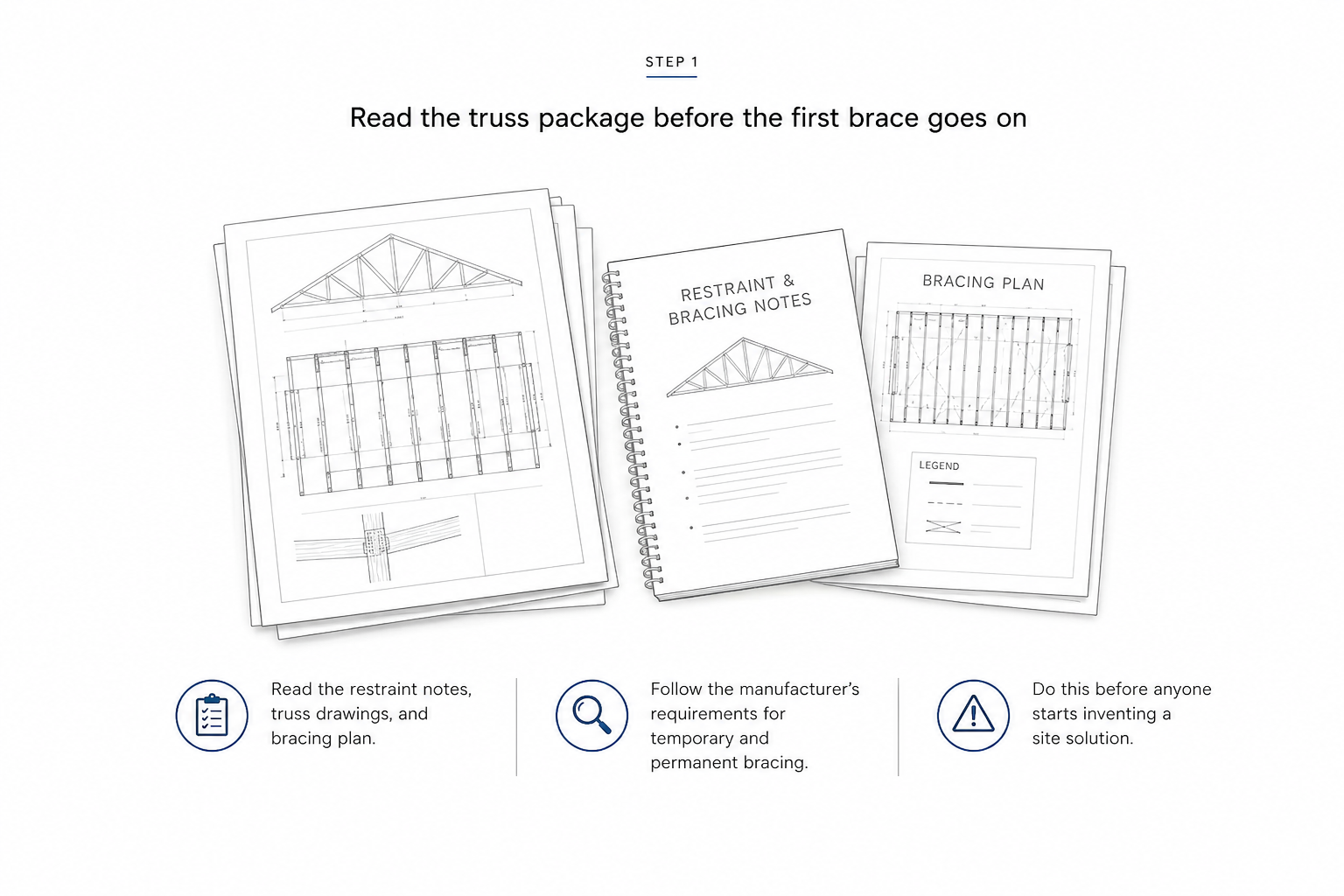 Truss package, restraint notes, and bracing plan shown before roof truss bracing begins.