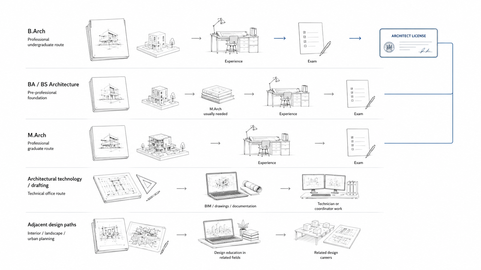 Architecture degree path diagram showing B.Arch, BA or BS Architecture, M.Arch, architectural technology, and adjacent design paths, with professional routes leading toward architect licensure.